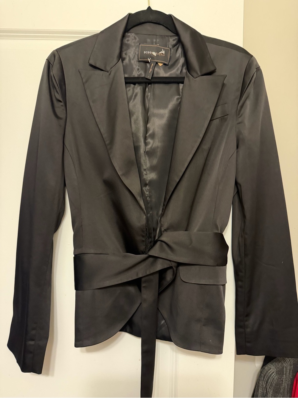 BCBGMaxAzria Black Satin Tie-Waist Blazer Jacket